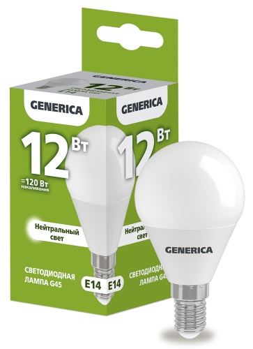 Лампа светодиодная G45 шар 12Вт 230В 4000К E14 GENERICA | код LL-G45-12-230-40-E14-G | IEK